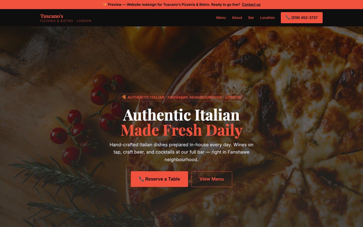 Tuscano's Pizzeria redesigned website screenshot